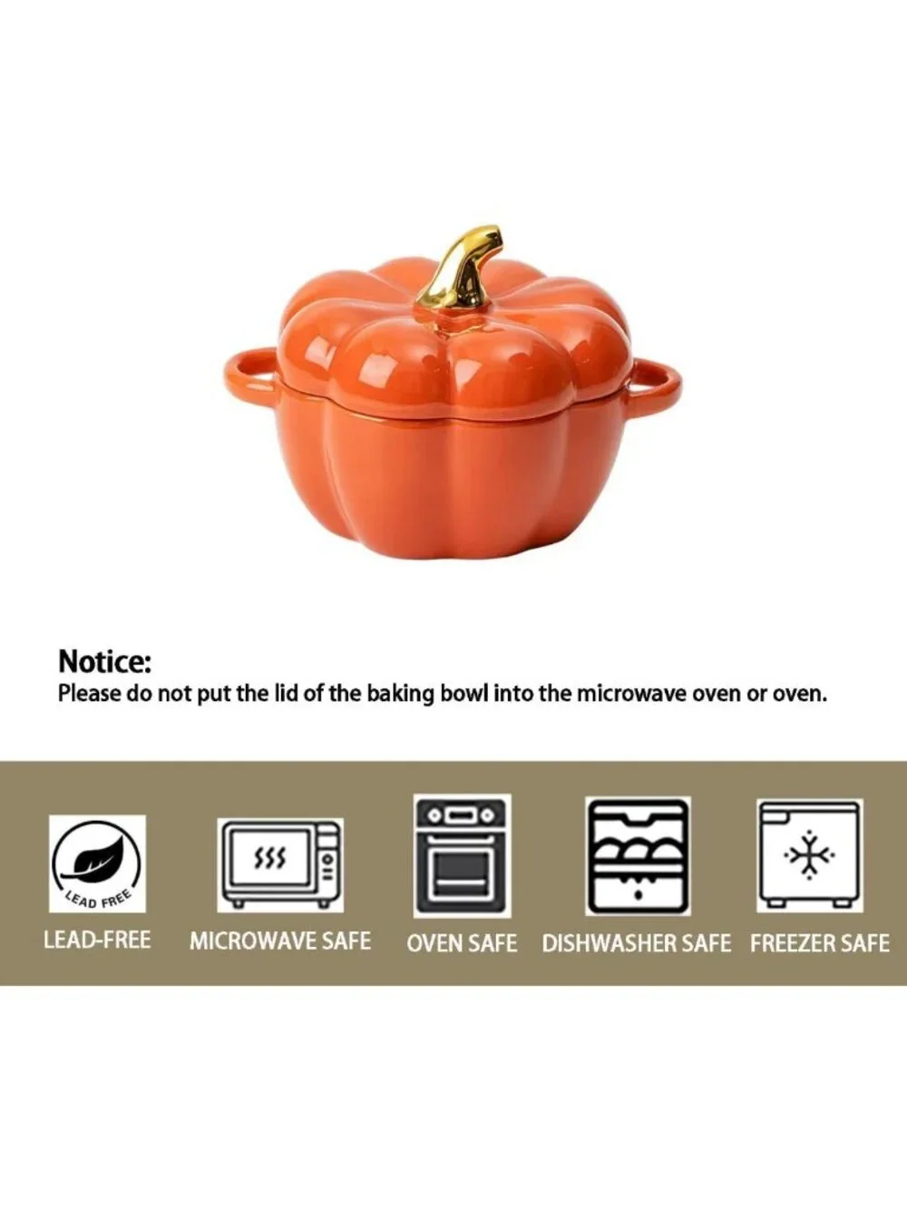 Set of 2 Pumpkin Ceramic Ramekins with Lid & Handle - Oven Safe Casserole Dish